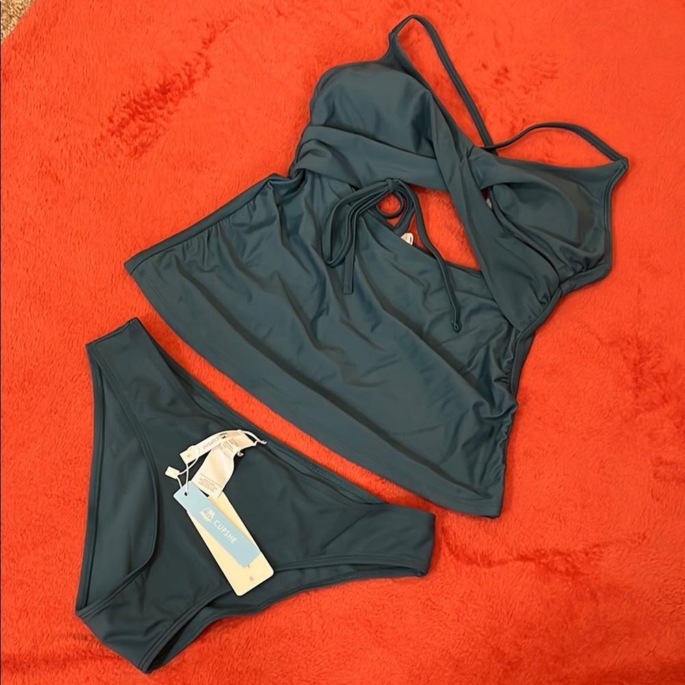 Cupshe Teal Bikini set with Elegant Knot Design